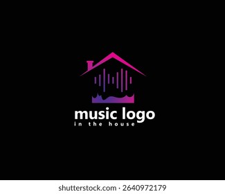 home music logo, house with music waves inside logo design inspiration