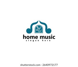 home music logo, two notes form a house logo design inspiration
