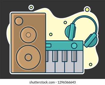 Home music and sound studio concept, proffessional work label. Line art, flat style vector, icon