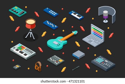 Home Music Studio 3D Isometric Illustration on Dark. Low Poly Flat Design. 