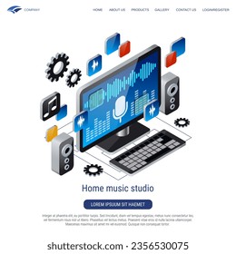 Home music studio, audio production, sound processing 3d isometric vector concept illustration