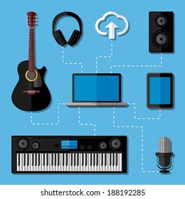 Home music studio concept. Flat design. Vector illustration. 