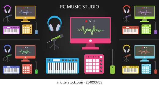 Home music studio in flat style design black background