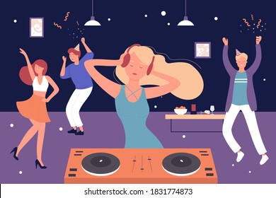 Home Musical Party Vector Illustration. Cartoon Friends People Listen To DJ Music And Dancing, Man Woman Group Of Characters Celebrate, Have Fun And Happy Dance In Home Room Interior Background