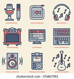 Home Musical Studio. Line Design Vintage Icon Set. Vector Illustrations.