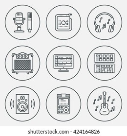 Home Musical Studio. Line Design Circle Icon Set. Vector Illustrations.