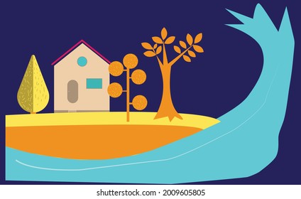 Home and natural tree beside the sea river vector template