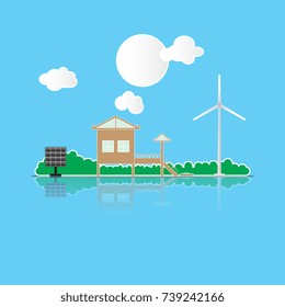 Home with nature background and used cellular panels and wind turbines.