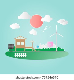 Home with nature background and used cellular panels and wind turbines.