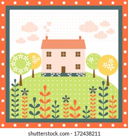 home nature flower tree house background graphic cartoon cottage decorative
