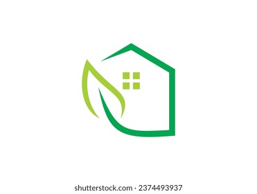 home nature with green color logo design, house with leaf combination symbol vector illustration