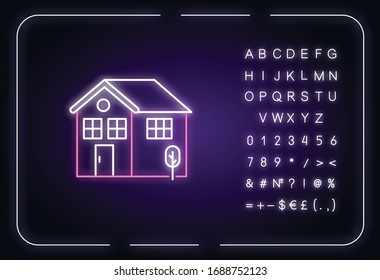 Home neon light icon. Residential house mortgage. Real estate coverage. Construction for sale. Outer glowing effect. Sign with alphabet, numbers and symbols. Vector isolated RGB color illustration