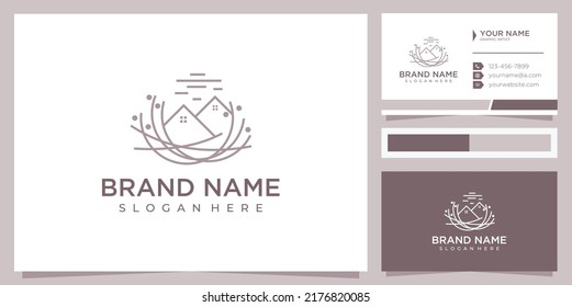 Home nest logo with line art concept with business card