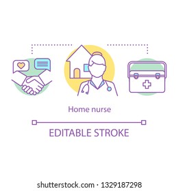 Home nurse concept icon. In home care idea thin line illustration. Living assistance. Home hospice. Healthcare. Illness medical treatment. Vector isolated outline drawing. Editable stroke