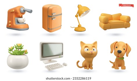 Home objects and pets 3d vector cartoon icon set. Coffee machine, refrigerator, desk lamp, sofa, potted flower, computer monitor, cat, dog