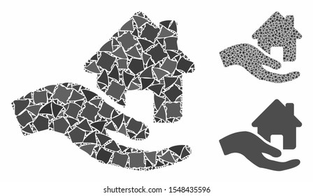 Home offer hand composition of joggly parts in variable sizes and color tints, based on home offer hand icon. Vector inequal elements are composed into collage.