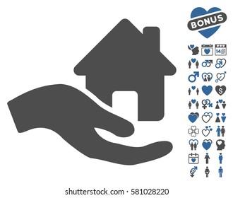 Home Offer Hand icon with bonus dating graphic icons. Vector illustration style is flat iconic cobalt and gray symbols on white background.