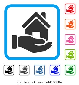Home Offer icon. Flat grey iconic symbol in a blue rounded rectangle. Black, gray, green, blue, red, orange color versions of Home Offer vector. Designed for web and application UI.