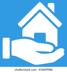 Home Offer icon. Vector style is flat iconic symbol, white color, blue background.