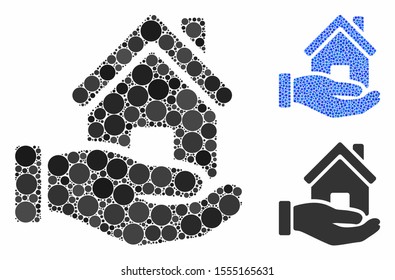 Home offer mosaic of round dots in different sizes and color hues, based on home offer icon. Vector round dots are combined into blue mosaic. Dotted home offer icon in usual and blue versions.