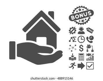 Home Offer pictograph with bonus pictograph collection. Vector illustration style is flat iconic symbols, gray color, white background.