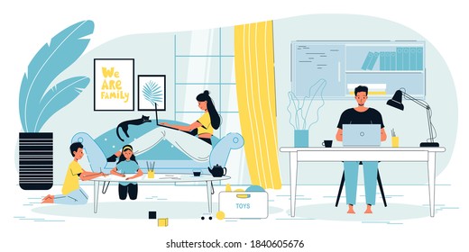 Home office apartment interior. Workspace freelancer family. Man woman parent work at laptop. Children drawing at table. Working from house anytime concept. Stay indoors. Business online