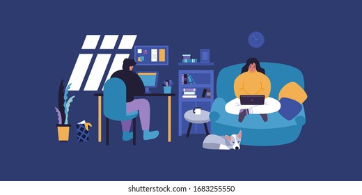 Home Office Apartment. Workspace Freelancer family. Man works at desk PC. Woman works with laptop. Baby playing at floor. Working at home anytime concept. Stay at home with our family. Business online