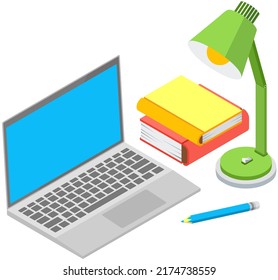 Home office background. Interior of room, workplace of freelancer or remote employee. Opened laptop and desk lamp, pile of books, pencil on table, folders with documents. Place for study for student