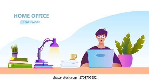 Home office banner with attractive female character, laptop, home plants, books, papers, coffee cup, lamp. Freelance concept in flat style with young woman working remotely. 