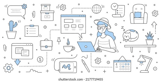 Home office banner, freelance doodle concept. Young woman work on laptop with cat, coffee cup and office supply icons around. Distant outsourced job, girl freelancer, Line art vector illustration