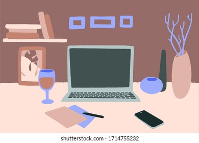 Home office. Blank monitor, Mock up. Laptop, lamp, diary, books, frames and accessories on table. 