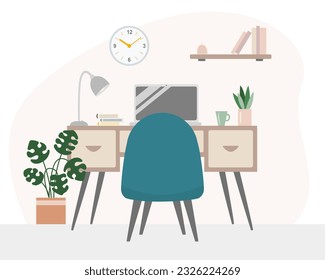 Home office or cabinet interior with working desk table, laptop, chair and plants, vector