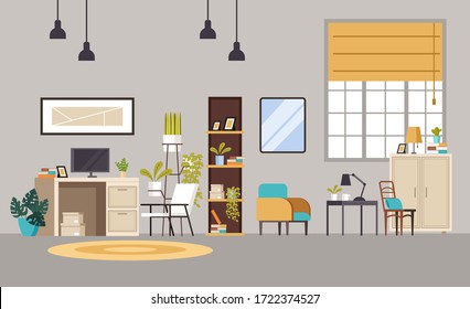 Home Office Cabinet Living Room Interior Concept. Vector Flat Graphic Design Cartoon Illustration