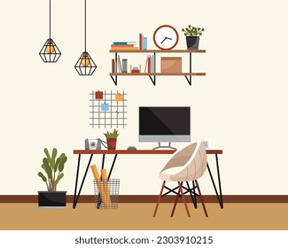 Home office cabinet, living room interior concept. Creative coworking center, desk and chair, modern workplace for worker, employee, student with table, computer, book shelf and interior decor element