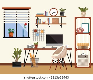 Home office cabinet, living room interior concept. Creative coworking center, student desk near window, modern workplace for worker, employee with table, computer, book shelf and decor elements