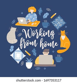 Home office card with working people, cats, pillows, home plant, clips, cup of tea. Freelance, online education or social media concept. Vector illustration isolated on dark background