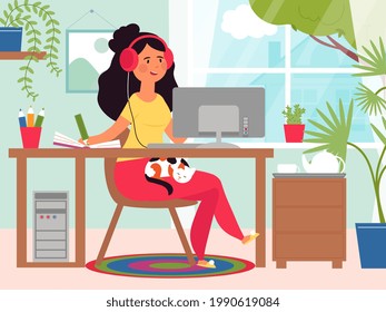 Home office. Cartoon working girl, business woman work remote. Female sitting at computer, flat student online education decent vector concept