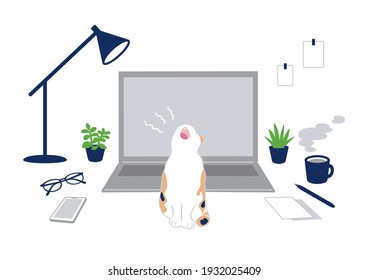 Home office and cat concept. Vector illustration of flat design.