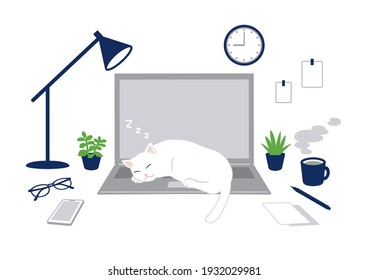 El concepto de la oficina del hogar y del gato. Ilustración vectorial del diseño plano.