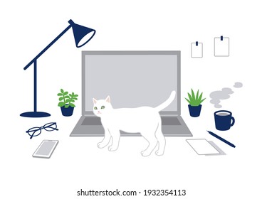 El concepto de la oficina del hogar y del gato. Ilustración vectorial del diseño plano.