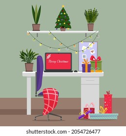 Home office with Christmas decoration and gift boxes. Cozy interior workplace. Flat vector illustration