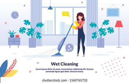 Home or Office Cleaning Company Trendy Vector Advertising Banner, Promo Poster Template. Female Worker in Overall and Rubber Gloves, Woman Doing Wet Cleaning, Mopping Apartment Floor Illustration