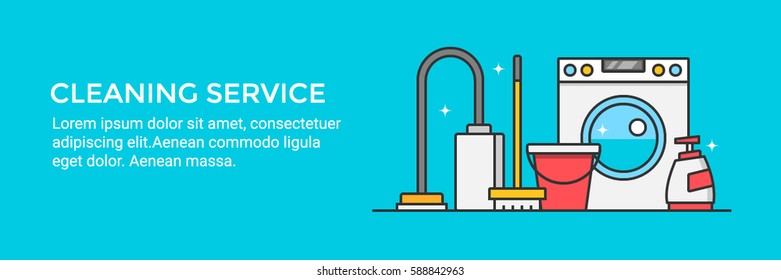 Home and office cleaning services flat style vector banner isolated on blue background