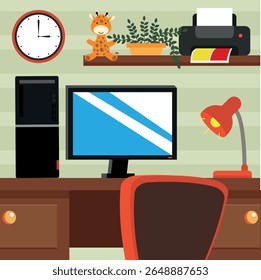 Home office with computer, desk, lamp and other items. Vector illustration.