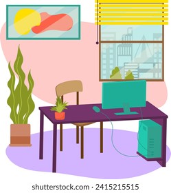 Home office with computer on desk, indoor plants, modern art on wall, city view outside window. Freelancer's workspace with no people vector illustration.