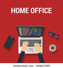 home office concept - business man on laptop, top view.Conceptual vector illustration in flat style design.Isolated on background.