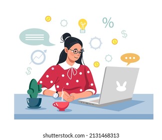 Home office concept. A business woman is sitting at a desk and working on a computer. Financial technologies, financial literacy, doing business. Vector illustration