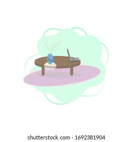 Home office concept color vector illustration. Caffee table with a laptop, a napkin, a pot with tree branches desoration on a lilac carpet.