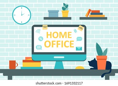 Home office concept with computer, books and cat. Vector illustration in flat style. Stay at home. Self-isolation.