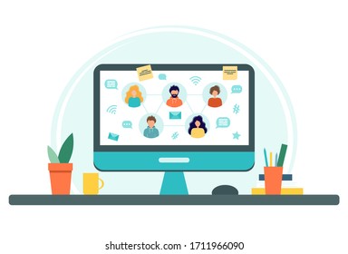 Home office concept with computer, books and cup. Vector illustration in flat style. Stay at home. Self-isolation.